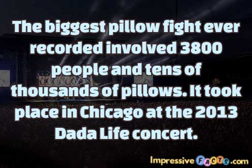 The biggest pillow fight ever recorded involved 3800 people and tens of thousands of pillows.